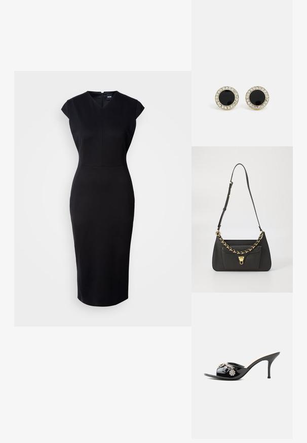 Schwarzes, figurbetontes Kleid mit kurzen Ärmeln, V-Ausschnitt und knielanger Silhouette. Glattes Material und dezentes Reißverschlussdetail auf der Rückseite.; Schwarzer Lackleder High-Heel Mule mit offenem Zehenbereich und dekorativen silbernen Anhängern, darunter eine Blume und ein Vorhängeschloss am vorderen Riemen.; Schwarze Lederhandtasche mit strukturierter Form, goldfarbener Kettenakzent und einer Fronttasche. Verfügt über einen verstellbaren Tragegurt für vielseitige Tragemöglichkeiten.; DKNY INLAY STUD - Ohrringe - black/gold-coloured