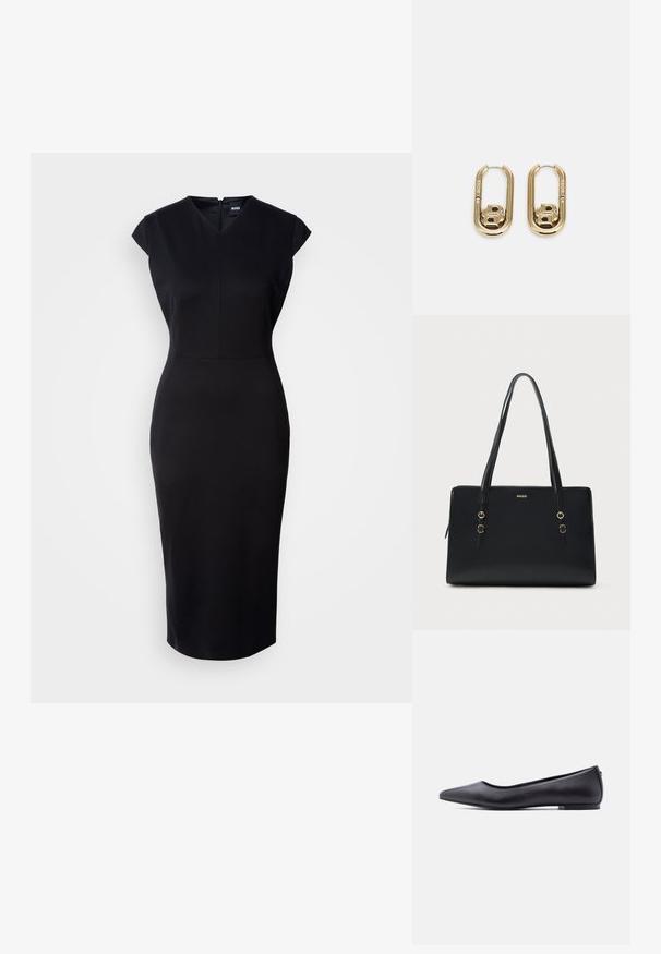 Schwarzes, figurbetontes Kleid mit kurzen Ärmeln, V-Ausschnitt und knielanger Silhouette. Glattes Material und dezentes Reißverschlussdetail auf der Rückseite.; Schwarzer flacher Lederschuh mit spitzer Kappe und niedrigem Absatz, seitlich vor weißem Hintergrund gezeigt.; Schwarze Ledertasche mit zwei langen Griffen, goldfarbenen Metallakzenten und einem auf der Vorderseite eingeprägten Logo. Glatte Textur und rechteckige Form.; BOSS DOUBLE B SWING - Ohrringe - gold-coloured