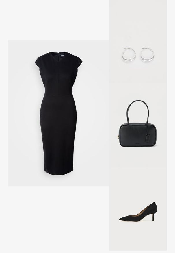 Schwarzes, figurbetontes Kleid mit kurzen Ärmeln, V-Ausschnitt und knielanger Silhouette. Glattes Material und dezentes Reißverschlussdetail auf der Rückseite.; Schwarzer Wildleder-Pumps mit spitzer Schuhspitze, schlankem mittelhohem Stiletto-Absatz und tiefem Ausschnitt auf einfachem Hintergrund.; Schwarze rechteckige Handtasche mit doppelten, abgerundeten Griffen, goldfarbenem Reißverschluss und geprägtem „HUGO“-Logo auf der Vorderseite sowie angebrachtem Lederanhänger.; Silberne Creolen mit glänzender Oberfläche und DKNY-Logo, vor einem schlichten weißen Hintergrund präsentiert.