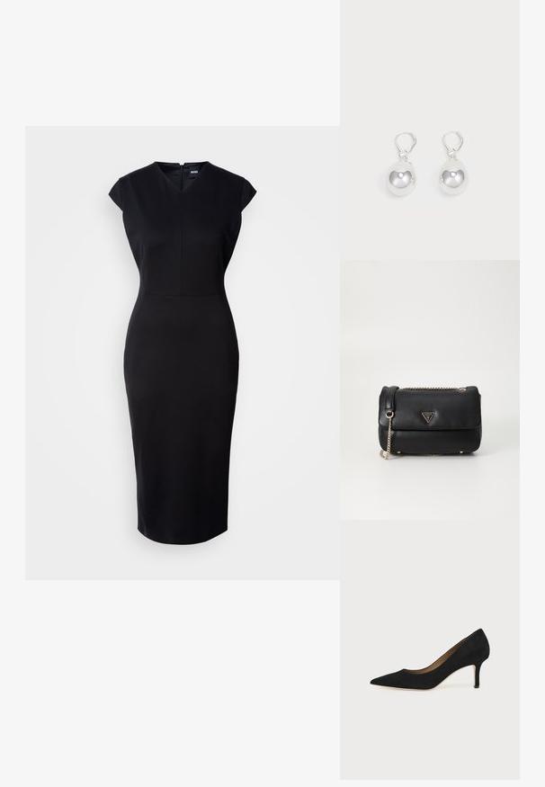 Schwarzes, figurbetontes Kleid mit kurzen Ärmeln, V-Ausschnitt und knielanger Silhouette. Glattes Material und dezentes Reißverschlussdetail auf der Rückseite.; Schwarzer Wildleder-Pumps mit spitzer Schuhspitze, schlankem mittelhohem Stiletto-Absatz und tiefem Ausschnitt auf einfachem Hintergrund.; Schwarze Leder-Schultertasche mit goldener Kettenriemen und dreieckigem Guess-Logo auf dem vorderen Deckel, vor einem schlichten weißen Hintergrund.; Silberne Tropfenohrringe mit glatten, runden, reflektierenden Oberflächen, die an Hakenverschlüssen hängen. Der Hintergrund ist reinweiß.