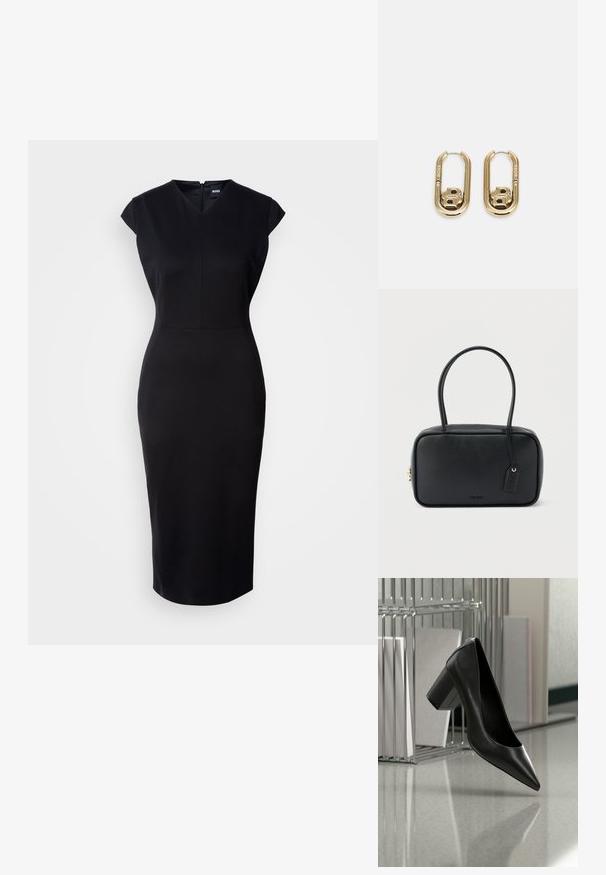 Schwarzes, figurbetontes Kleid mit kurzen Ärmeln, V-Ausschnitt und knielanger Silhouette. Glattes Material und dezentes Reißverschlussdetail auf der Rückseite.; Schwarzer spitzer High-Heel-Schuh aus Leder mit Blockabsatz schwebt über einem reflektierenden Boden in der Nähe eines Metall-Aktenordners mit Dokumenten.; Schwarze rechteckige Handtasche mit doppelten, abgerundeten Griffen, goldfarbenem Reißverschluss und geprägtem „HUGO“-Logo auf der Vorderseite sowie angebrachtem Lederanhänger.; BOSS DOUBLE B SWING - Ohrringe - gold-coloured