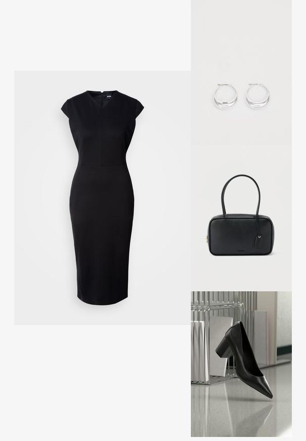 Schwarzes, figurbetontes Kleid mit kurzen Ärmeln, V-Ausschnitt und knielanger Silhouette. Glattes Material und dezentes Reißverschlussdetail auf der Rückseite.; Schwarzer spitzer High-Heel-Schuh aus Leder mit Blockabsatz schwebt über einem reflektierenden Boden in der Nähe eines Metall-Aktenordners mit Dokumenten.; Schwarze rechteckige Handtasche mit doppelten, abgerundeten Griffen, goldfarbenem Reißverschluss und geprägtem „HUGO“-Logo auf der Vorderseite sowie angebrachtem Lederanhänger.; Silberne Creolen mit glänzender Oberfläche und DKNY-Logo, vor einem schlichten weißen Hintergrund präsentiert.