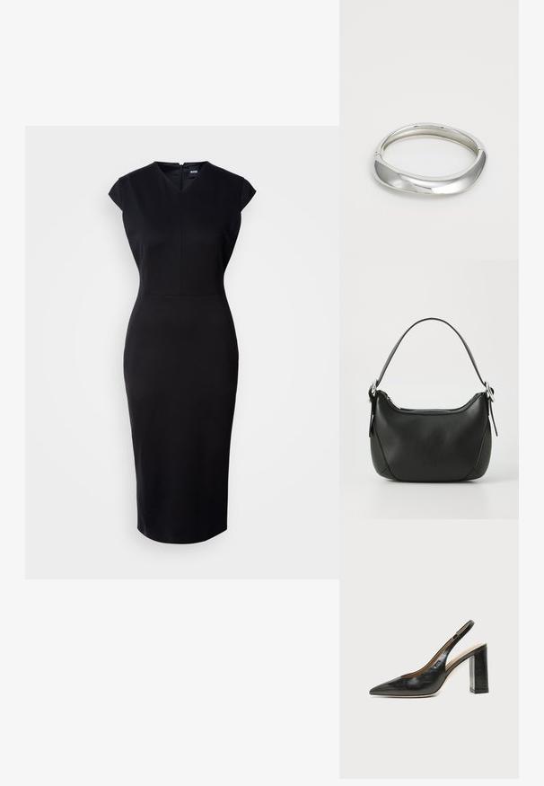 Zwart, aansluitend jurkje met cap sleeves, een v-hals en een jurk tot op de knie. Gladde stof en een discrete ritssluiting aan de achterkant.; Zwarte leren slingback schoen met spits toelopend neusje, hoge blokhak en beige binnenvoering tegen een effen lichte achtergrond.; Zwarte leren handtas met een gebogen vorm, zilveren rits en een korte handgreep. Bevat een subtiel logo aan de voorkant en een gladde textuur.; Zilveren metalen armband met een glad, gebogen ontwerp. Gepolijste afwerking en ronde hoeken zorgen voor een naadloze uitstraling.