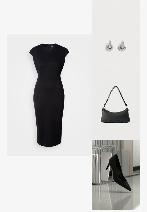 Vestido negro ajustado con mangas tipo sisa, escote en pico y un diseño hasta la rodilla. Tejido suave y discreto detalle de cremallera en la parte trasera.; Zapato negro de tacón alto equilibrado sobre el tacón en una encimera reflectante junto a portadocumentos metálicos con carpetas blancas.; Bolso de hombro de cuero negro con forma rectangular curvada, cadena dorada entrelazada en una correa negra trenzada y cierre superior con cremallera.; Par de pequeños pendientes de aro plateados brillantes con base redonda, exhibidos sobre un fondo claro y liso.