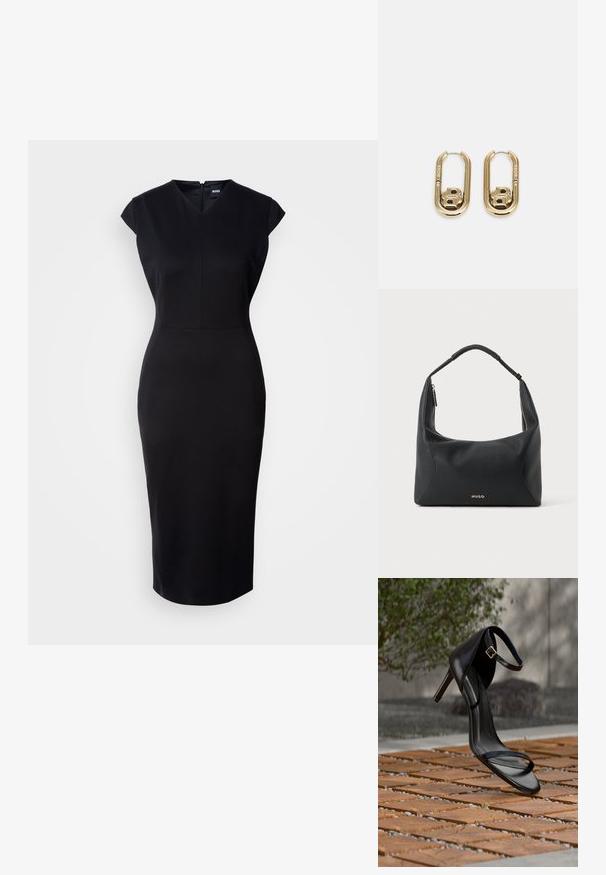Schwarzes, figurbetontes Kleid mit kurzen Ärmeln, V-Ausschnitt und knielanger Silhouette. Glattes Material und dezentes Reißverschlussdetail auf der Rückseite.; Schwarze Sandalette mit hohem Absatz und Knöchelriemen schwebt über einem Holzboden im Freien vor verschwommenem Grün und Steinhintergrund.; Schwarze Leder-Schultertasche mit geflochtenem Griff, goldfarbenem Reißverschlussdetail und kleinem goldfarbenem "HUGO"-Logo mittig vorne.; BOSS DOUBLE B SWING - Ohrringe - gold-coloured