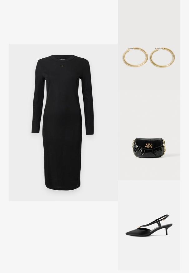 Robe midi noire à manches longues avec col rond et petit logo doré "AX" centré sous l'encolure, silouhette ajustée.; Escarpin slingback en cuir noir à petit talon kitten, bout pointu, fine bride en T, boucle réglable et petite décoration dorée sur la bride.; Sac à main en cuir verni noir avec quincaillerie dorée. Présente une forme arrondie, un design plissé et une fermeture à rabat. Logo "AIX" sur le devant.; Paire de boucles d'oreilles créoles en or lisse et brillant avec des tiges fines et des fermoirs à charnière sur un fond clair uni.