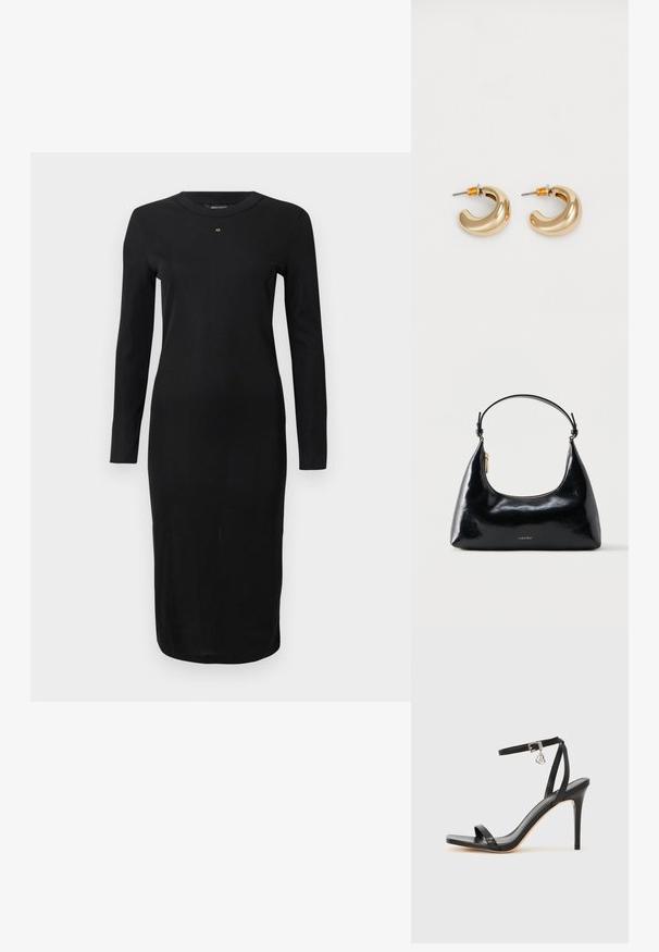 Robe midi noire à manches longues avec col rond et petit logo doré "AX" centré sous l'encolure, silouhette ajustée.; Sandale à talon haut noire avec une bride étroite à la cheville, bout carré, cuir lisse et accent de boucle métallique.; Sac à main Calvin Klein noir brillant avec fermeture éclair dorée et anse courte sur fond blanc uni.; Deux boucles d'oreilles en forme de cerceau en or brillant, avec un design courbé, présentant des accents orange près de la tige, sur fond blanc uni.