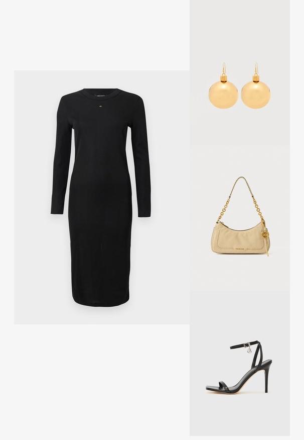 Robe midi noire à manches longues avec col rond et petit logo doré "AX" centré sous l'encolure, silouhette ajustée.; Sandale à talon haut noire avec une bride étroite à la cheville, bout carré, cuir lisse et accent de boucle métallique.; Sac à épaule en cuir beige avec bords tressés, bandoulière chaîne dorée et pendentif circulaire doré aux initiales MK.; Paire de boucles d'oreilles boule de Noël dorées brillantes avec fermoirs à crochet sur fond blanc uni.