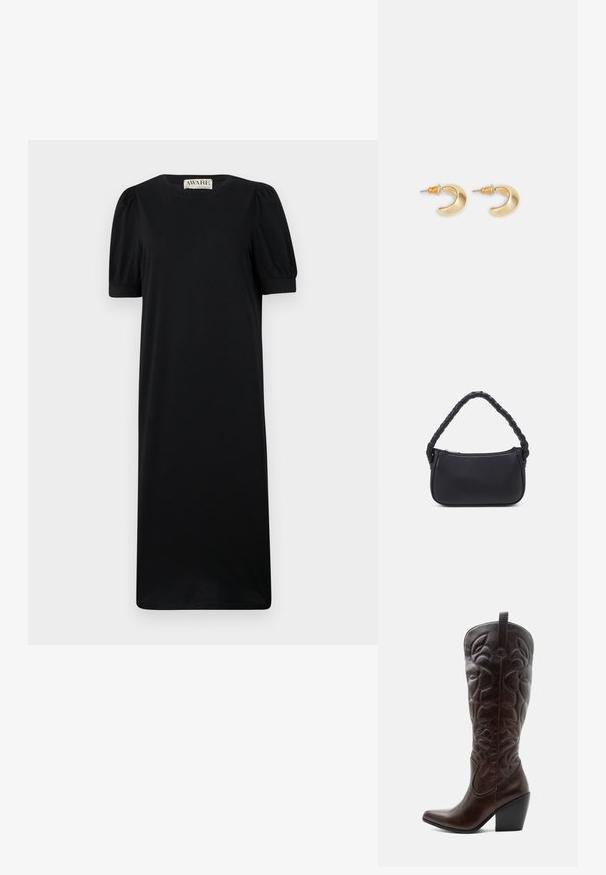 Vestido negro de manga corta con cuello redondo, que presenta mangas abullonadas y una silueta recta, fabricado en un tejido suave y liso.; Bota vaquera alta de cuero marrón oscuro con patrones decorativos cosidos, punta puntiaguda y tacón de bloque apilado.; Bolso negro de forma redondeada, hecho de material liso. Presenta un asa trenzada y un cierre de cremallera para un almacenamiento seguro.; Pendientes en forma de media luna de oro con un acabado suave, que presentan acentos naranjas cerca del pasador y herrajes de plata.