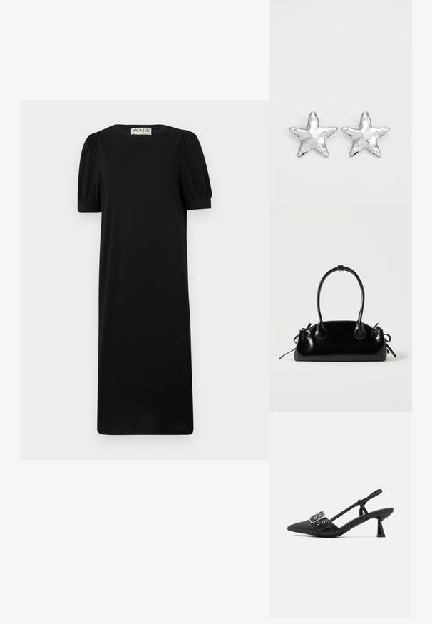Sorte kjole med korte ærmer og rund hals, med puffede ærmer og lige silhuet, lavet af blødt, glat stof.; Simmi London DALA - Pumps - black; Lille sort blank håndtaske med to lange håndtag og snøre-detaljer i siden på en ensfarvet lys baggrund.; Sølvstjernede øreringe med en poleret, blank overflade. Hver ørering har fem spidser og subtile teksturdetaljer på overfladen.