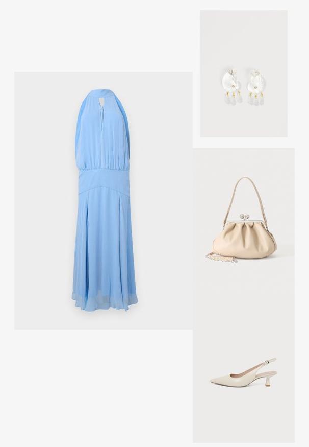 Φόρεμα μάξι σε ανοιχτό γαλάζιο, με halter neck, σμιλευμένο μπούστο με πιέτες, ντεκολτέ με άνοιγμα δέσιμο σε φιόγκο, εφαρμοστή μέση και αέρινη φούστα με πιέτες.; Παπούτσι slingback εκρού, με μυτερή μυτή, μικρό καμπυλωτό τακούνι τύπου kitten heel και ρυθμιζόμενο λουράκι με αγκράφα.; Μπεζ μαλακή δερμάτινη τσάντα με ασημένιο μεταλλικό πλαίσιο κλεισίματος, έναν μονό ιμάντα ώμου και προαιρετικό αλυσίδα ιμάντα σε λευκό φόντο.; Σκουλαρίκια σε σχήμα κοχύλι από διαυγές ρητίνη με μικρές χρυσές λεπτομέρειες και τρία κρεμαστά διαφανή διαμαντένια κρεμαστά σε κάθε σκουλαρίκι.