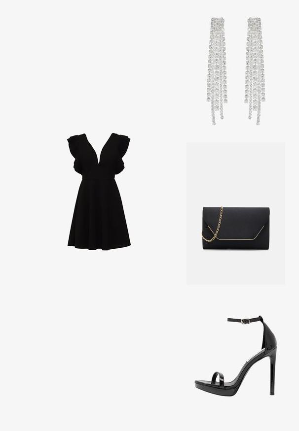 Schwarzes Kleid mit tiefem V-Ausschnitt, kurzen Rüschenärmeln und ausgestelltem Rock. Hergestellt aus einem glatten, leichten Stoff.; Steve Madden MILANO - High Heel Sandalette - black; Schwarze Clutch-Tasche mit glatter Textur, ausgestattet mit einem goldenen Kettenriemen und einem geometrischen Klappverschluss, der in Gold eingefasst ist.; Lange silberne Ohrringe mit einer Vielzahl von klaren, facettierten Kristallen in kaskadierenden Strängen unterschiedlicher Längen und Formen.