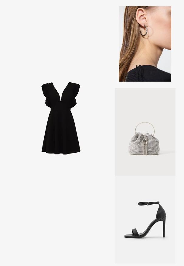 Sort kjole med dyb V-udskæring, korte flæseærmer og en udvidet nederdel. Fremstillet af et glat, let stof.; Sort højhælet sandal med et sleek design, der har en ankelrem, åben tå og glat lædertekstur.; Lille sølv aften taske dækket med gnistrende rhinsten med et rundt metalhåndtag og to dekorative kvaster foran.; Sølv hoop ørestik med en poleret overflade, prydet med små guld accenter og en rund form, båret på øreflippen.