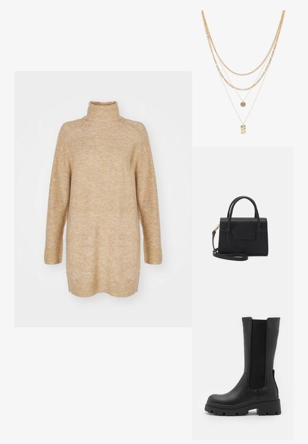 Beige turtleneck sweater, oversized pasform, ribbestruktur ved kraven og ærmerne, strikket stof og drop shoulder-design.; ONLY SHOES by Zalando ONLDOJA - Plateaustøvler - black; Sort struktureret håndtaske lavet af læder med et topgreb, aftagelig skulderrem og detalje med frontklap. Guldhardware accenter.; Guld multi-lag kæde med forskellige kædestilarter, herunder chunky led og fine kæder, med cirkulære og rektangulære vedhæng.