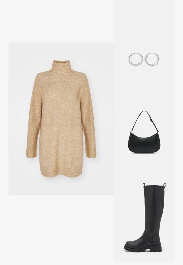 Beige turtleneck sweater, oversized pasform, ribbestruktur ved kraven og ærmerne, strikket stof og drop shoulder-design.; Sorte knæhøje støvler lavet af glat læder med en kraftig sål og let hæl. Har trækflapper og elastiske sidepaneler for nem påføring.; Pieces PCALUANA SHOULDER BAG - Håndtasker - black; Sølv hoops med en bølget, uregelmæssig tekstur. Har en tynd, cirkulær form og en reflekterende finish.