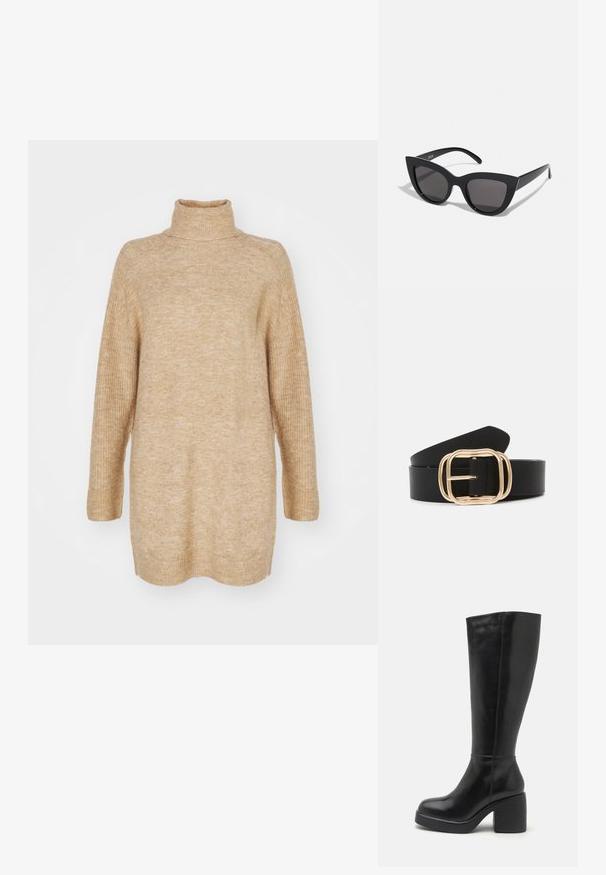 Beige turtleneck sweater, oversized pasform, ribbestruktur ved kraven og ærmerne, strikket stof og drop shoulder-design.; Zign by Zalando LEATHER - Højhælede støvler - black; Sorte cat-eye solbriller med mat finish, der har grå tonede linser, skarpe vinkler og slanke sidearme. Mærkenavnet er synligt på den indre arm.; Sort læderbælte med en rektangulær spænde i guldfarve med afrundede kanter, glat tekstur og et stilrent design.