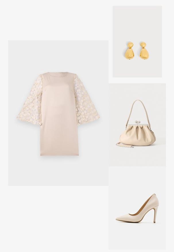 Robe beige à la silhouette droite, dotée de manches sheer brodées de fleurs en crème clair. Le matériau est lisse et léger.; Escarpin beige à talon haut, à bout pointu, finition en cuir lisse, talon stiletto mince, design minimaliste avec un détail arrière subtil.; Sac à main en cuir souple beige avec un fermoir en métal argenté, une bandoulière simple et une bandoulière chaîne optionnelle sur fond blanc.; Paire de boucles d'oreilles dorées brillantes en forme de goutte, avec une petite pièce arrondie en haut reliée à une pièce plus grande en forme de poire en bas.