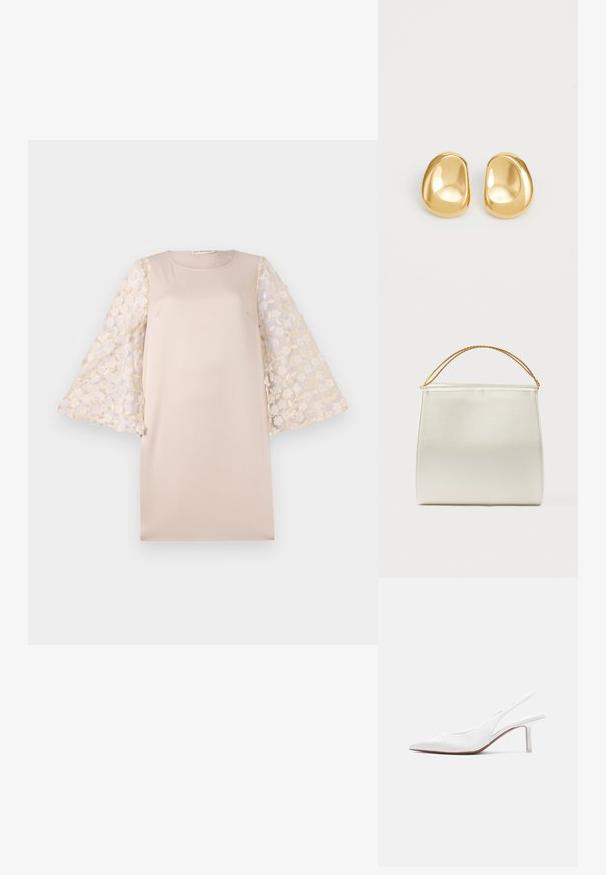 Beige jurk met een rechte silhouet, met doorschijnende mouwen van lichte crème met bloem- borduursel. Het materiaal is soepel en licht van gewicht.; Witte leren slingback damesschoen met spitse neus, lage kittenhak en een kleine decoratieve strik bovenop, zijaanzicht.; Gestructureerde handtas met satijnen afwerking, crèmekleurig, met een schouderriem van ketting. Kenmerkt zich door een vlakke, gladde textuur en nette naden.; Gouden studs met een gladde, ronde vorm en een reflecterend oppervlak, met een minimalistisch ontwerp en zonder zichtbare patronen.