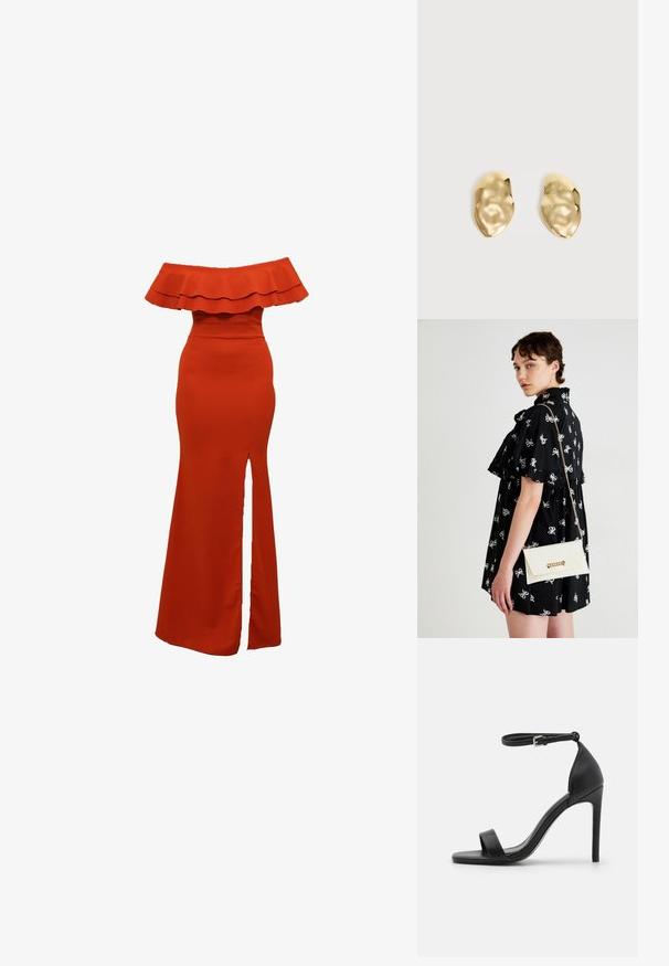 Off-the-shoulder rød kjole med en flæset udskæring, tætsiddende liv og en slids op til låret. Glat tekstur, gulvlang design.; Sort højhælet sandal med et sleek design, der har en ankelrem, åben tå og glat lædertekstur.; Sort kjole med hvide sløjfe mønstre, korte ærmer, flæser ved skuldrene. Hvid clutch med guldkæde og lukning, holdt i højre hånd.; Par skinnende, ujævnt formede øreringe af guldmetal med en krøllet, glat overflade på en ensartet lys baggrund.