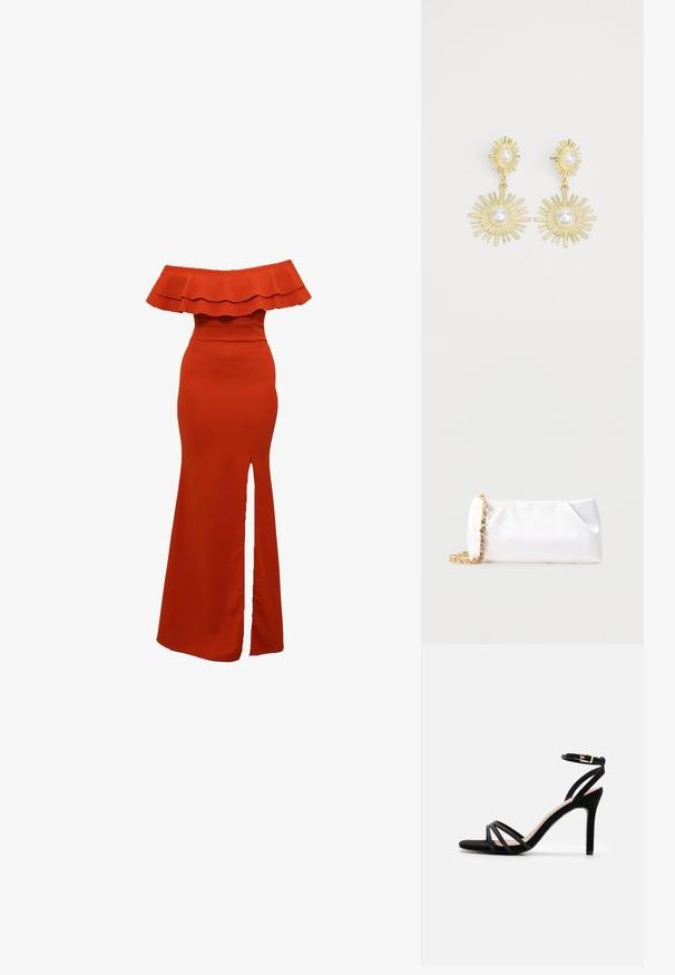 Off-the-shoulder rød kjole med en flæset udskæring, tætsiddende liv og en slids op til låret. Glat tekstur, gulvlang design.; Anna Field by Zalando Sandaler - black; Hvid blød clutchtaske med guld kæderem pyntet med klare ædelsten, sat mod en ensfarvet lys grå baggrund.; Guld-tone øreringe med et solstråledesign og teksturerede stråler, hver centreret med en hvid perle. Dangle stil med en stud base.