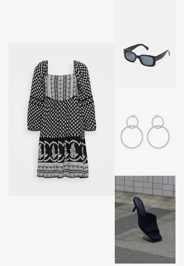 Un vestido negro con patrones florales blancos, un escote cuadrado, mangas abullonadas y una falda acampanada con acentos decorativos.; Mule negro de punta abierta con tacón cuadrado y punta cuadrada, con la marca "EVEN&ODD", colocado sobre un pavimento gris cerca de una pared de azulejos.; Gafas de sol rectangulares negras con lentes oscuros, montura de plástico grueso y patillas anchas. Superficie lisa y diseño anguloso.; Pendientes de metal plateado que presentan dos círculos entrelazados, uno más grande y otro más pequeño, con un acabado cepillado y cierres de presión.