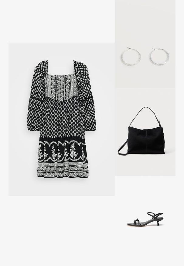 Un vestido negro con patrones florales blancos, un escote cuadrado, mangas abullonadas y una falda acampanada con acentos decorativos.; Sandalia de cuero negro con un diseño elegante y minimalista. Presenta dos correas delgadas y un pequeño tacón inclinado. Textura suave y punta abierta.; Bolso negro de hombro con una superficie lisa y texturizada, con una única correa y un cierre de cremallera en la parte superior. Forma rectangular compacta.; Pendientes de aro de metal plateado con superficie lisa y ligeramente curvada y cierre de tipo mosquetón sobre un fondo blanco liso.