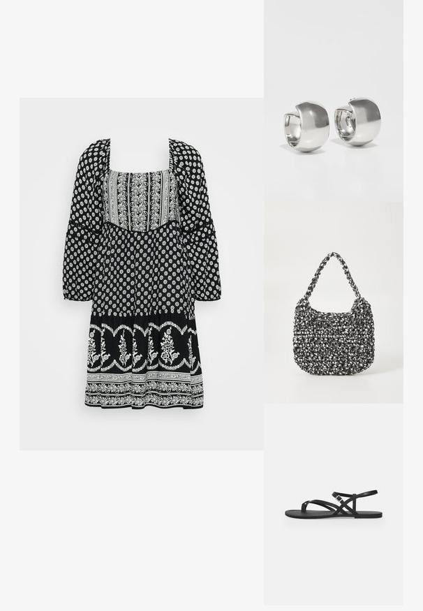 Un vestido negro con patrones florales blancos, un escote cuadrado, mangas abullonadas y una falda acampanada con acentos decorativos.; Sandalia plana negra con tiras finas, lazo para el dedo del pie y correa ajustable con hebilla en el tobillo sobre un fondo gris claro liso.; Bolso de mano tejido en blanco y negro con forma redondeada, superficie texturizada y asa trenzada. Adecuado para uso casual.; Uncommon Matters SCULPTURAL LARGE CREOLE - Pendientes - silver-coloured