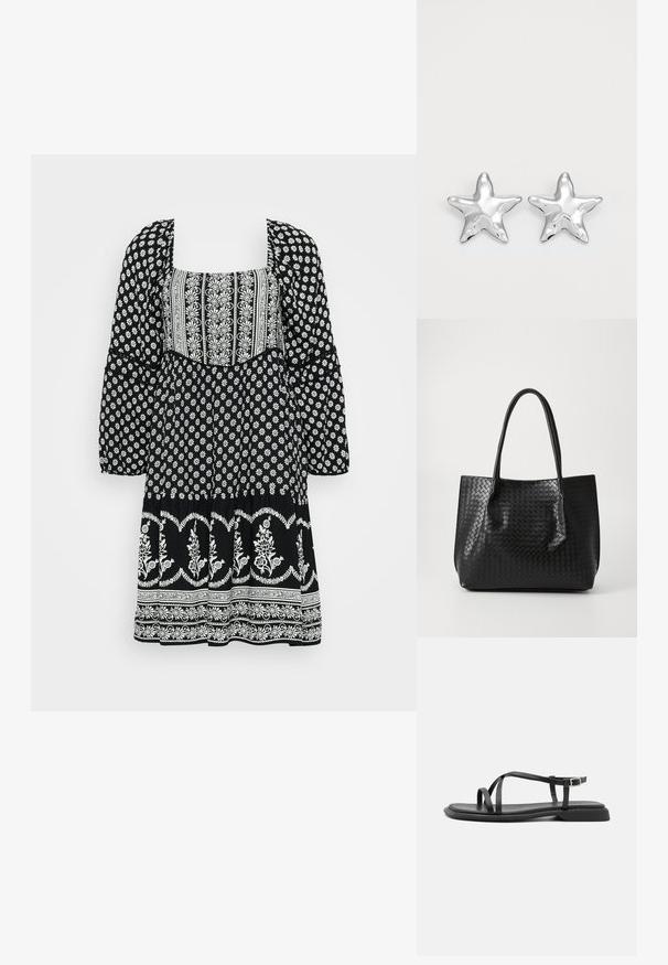 Un vestido negro con patrones florales blancos, un escote cuadrado, mangas abullonadas y una falda acampanada con acentos decorativos.; Sandalias planas negras con tiras ajustables finas, con una pala rectangular y un acabado mate texturizado. Presentan un tacón bajo ligeramente cuadrado.; Bolso tote de cuero trenzado negro con dos asas, forma estructurada y un sutil acabado brillante sobre un fondo claro.; Pendientes en forma de estrella plateada con una superficie pulida y brillante. Cada pendiente presenta cinco puntas y sutiles detalles de textura en la superficie.