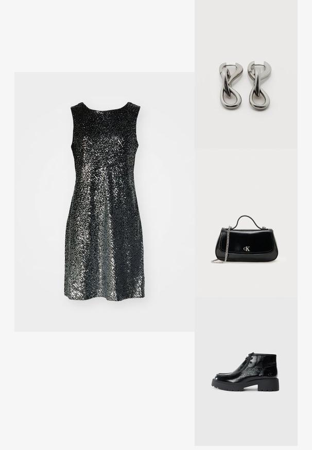 Robe noire sans manches recouverte de petites paillettes, créant un effet scintillant. Encolure ronde simple et silhouette évasée.; Bottines en cuir verni noir avec un bout arrondi, un laçage à l'avant et une semelle en caoutchouc épaisse. Présente une discrète marque au niveau du talon.; Sac à main en cuir noir avec une chaîne en bandoulière, forme structurée et accent logo argenté. Texture lisse avec un rabat.; Paire de boucles d'oreilles en métal argenté avec un motif abstrait d'anneaux entrelacés sur fond blanc.