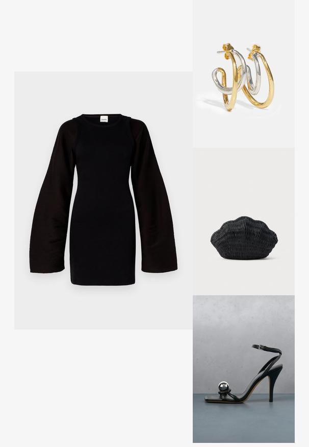 Vestido negro de punto con mangas largas y sueltas. Textura acanalada, cuerpo ajustado, escote redondo. Diseño minimalista, sin patrones o acentos visibles.; Sandalia negra de tacón alto con correa en el tobillo y bola decorativa metálica plateada sobre superficie de madera con baldosas al aire libre con fondo desenfocado de vegetación y pared.; Bolso de mimbre negro con forma de concha de vieira con parte superior curva y textura tejida sobre un fondo liso.; Pendientes de aro entrelazados en oro y plata con acabados suaves y brillantes; cuentan con un cierre de presión para un uso seguro.