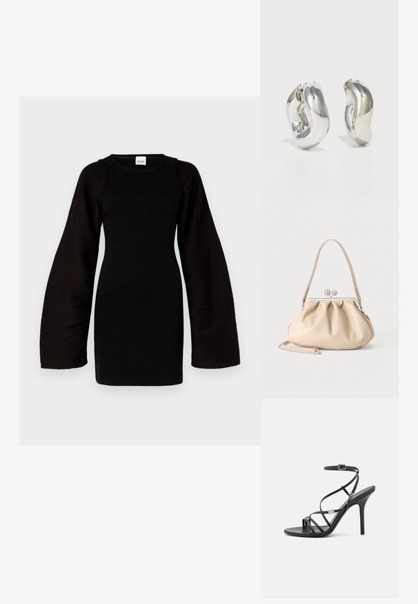 Vestido negro de punto con mangas largas y sueltas. Textura acanalada, cuerpo ajustado, escote redondo. Diseño minimalista, sin patrones o acentos visibles.; Sándalo negro de tacón alto con tiras finas, hebilla en el tobillo, superficie de cuero suave y tacón de aguja esbelto.; Bolso de mano de cuero suave beige con cierre de marco metálico plateado, una correa para el hombro y una correa de cadena opcional sobre un fondo blanco.; Pendientes escultóricos de plata con formas suaves y curvas y superficies reflectantes. Presentan un diseño de aro cerrado y una forma orgánica distintiva.