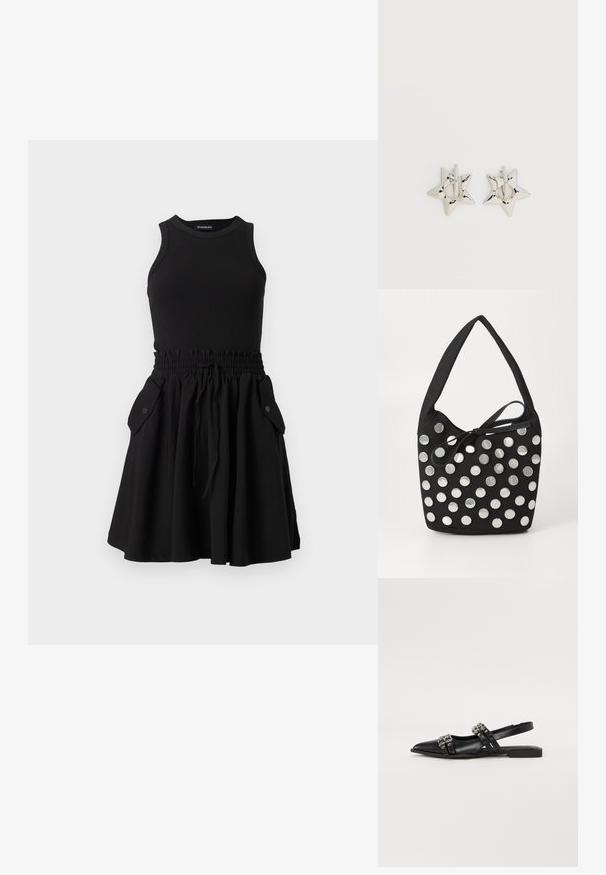 Sort ærmeløs kjole med et ribbet top og en flagrende nederdel. Har en elastisk talje og to sidelommer med knapper.; Even&Odd by Zalando Slingback-ballerinasko - black; Sort stof håndtaske med en afrundet form, der har sølvfarvede cirkulære metalnitter arrangeret i et mønster, samt et bundet stofaccent.; Sølv stjerneformede øreringe med en glat, poleret finish på en ensfarvet hvid baggrund.