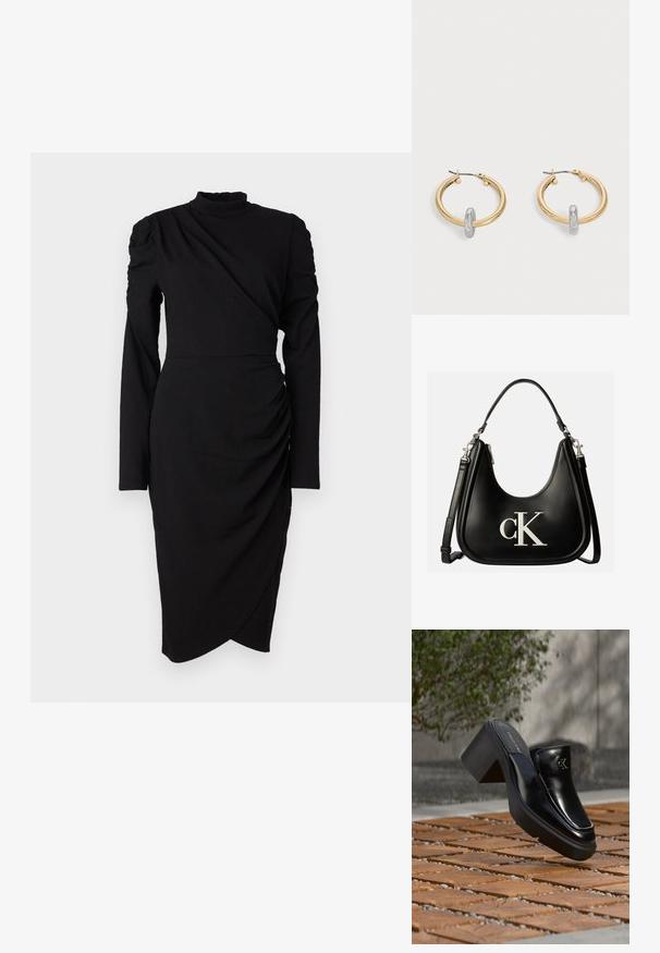 Musthave musta pikkade varrukatega kleit kõrge kaelusega, tekstuuriga kangas, asümmeetriline vöödisain ja külgedele kogutud detailid.; Mustast nahast Calvin Kleini slip-on mules, millel on plokk-konts, toetub puitplaatidele õues, lähedal rohelisele taimele ja hallile seinale.; Mustast nahast käekott, millel on ees hõbedane "cK" logo, lühikese sangaga ja pikema reguleeritava õlarihmaga.; Kuldse tooniga rõngakujulised kõrvarõngad, kummalgi väike hõbedase tooniga aasa detail, esitletud heleda halli tausta ees.