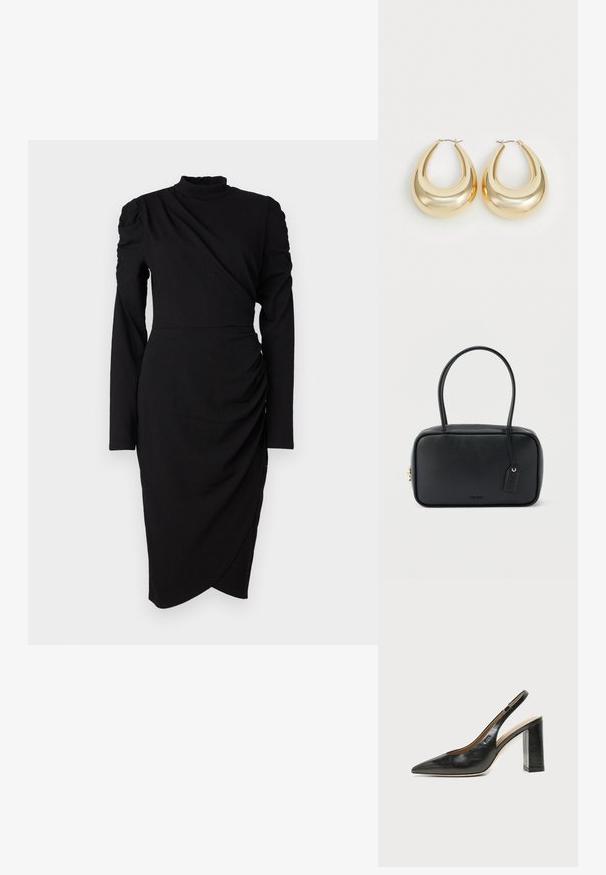 Musthave musta pikkade varrukatega kleit kõrge kaelusega, tekstuuriga kangas, asümmeetriline vöödisain ja külgedele kogutud detailid.; Mustast nahast terava varbaga slingback-kinga kõrge plokk-kontsaga ja beežsisemise voodriga tavalise heledal taustal.; Must ristkülikukujuline käekott, millel on kaks ümardatud sangad, kuldne tõmblukk ja esiküljel reljeefne "HUGO" logo koos kinnitatud nahkmärgiga.; Kuldtoonist rõngaskõrvarõngad, millel on sile, kaarjas disain ja poleeritud pind. Valguse peegeldav tekstuur ja kindel rõnga lukustus.