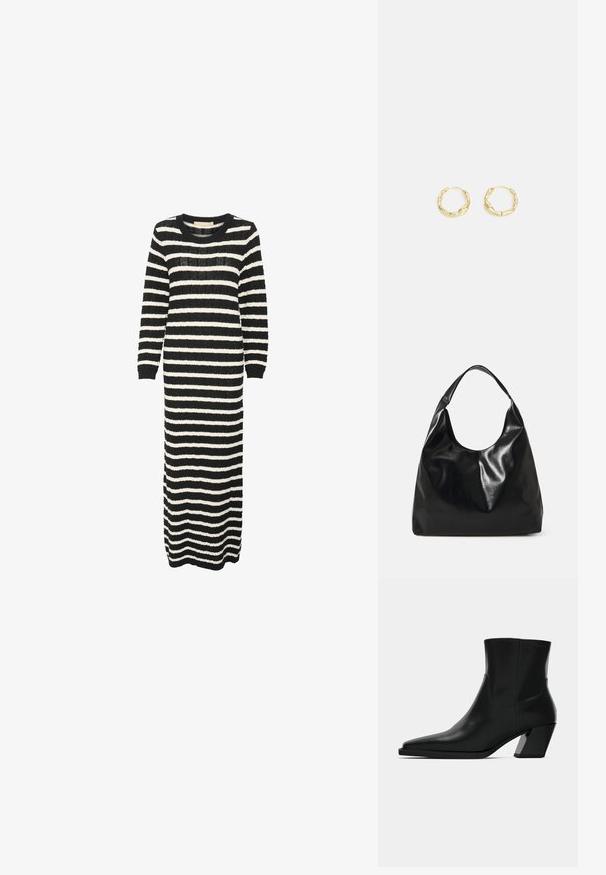 Gestreiftes Langarm-Strickkleid in Schwarz und Weiß mit rundem Ausschnitt und gerippten Bündchen. Verfügt über eine gerade Silhouette und ein strukturiertes Gewebe.; Schwarze Leder-Stiefelette mit spitzem Zeh, schlanker Silhouette und klobigem quadratischem Absatz. Glatte Textur mit minimalen Nähdetails.; Schwarze Leder-Hobo-Tasche mit einer weichen, glänzenden Textur und einem runden, offenen Oberteil. Verfügt über einen breiten, gebogenen Tragegurt. Keine sichtbaren Beschläge.; Goldene Creolen mit einer strukturierten, unregelmäßigen Oberfläche. Sie verfügen über ein leichtes Design und eine runde Form, die sich für den täglichen Gebrauch eignet.