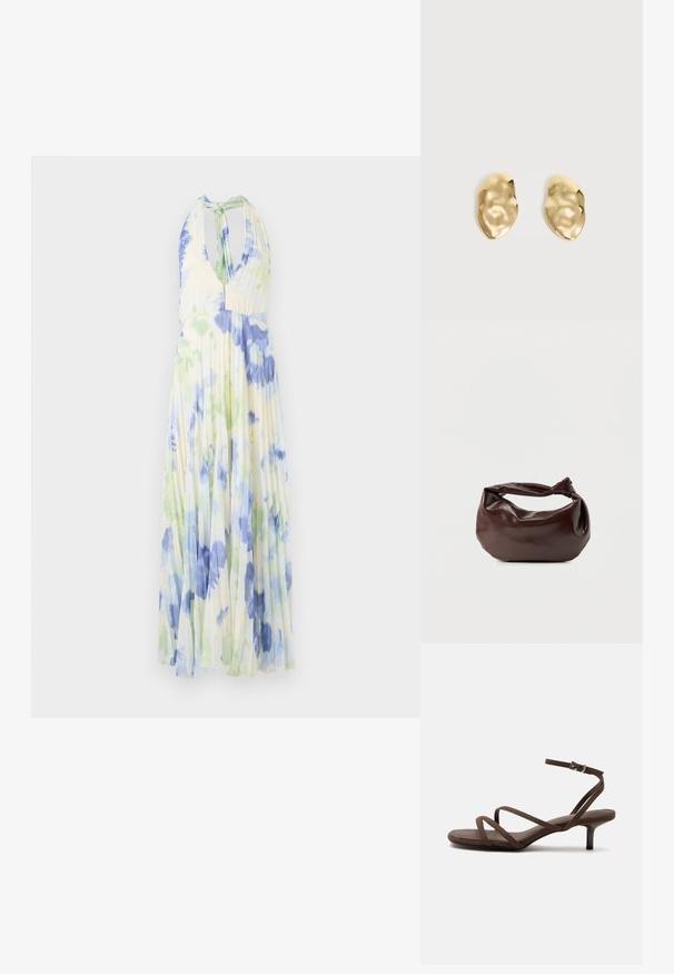Plisseret halterneck kjole med et blomsterprint i blå og grønne nuancer på et let, lysegult stof.; Brun højhælet sandal med tynde krydsede stropper og en ankelrem med en sølvspænde på en hvid baggrund.; Mørkebrun læder skuldertaske med en blød, afslappet form og et snoet knudehåndtag på en ensartet hvid baggrund.; Par skinnende, ujævnt formede øreringe af guldmetal med en krøllet, glat overflade på en ensartet lys baggrund.