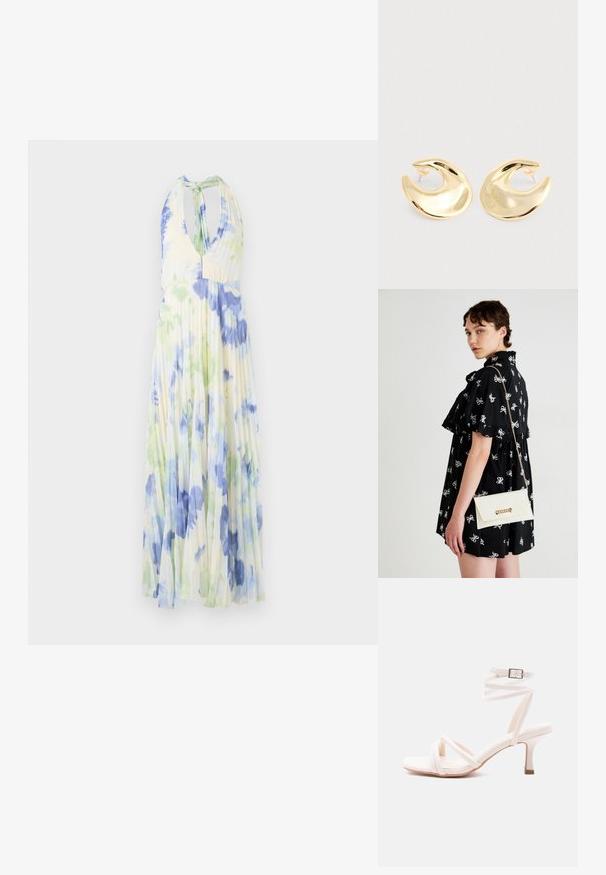 Plisseret halterneck kjole med et blomsterprint i blå og grønne nuancer på et let, lysegult stof.; Hvid sandal med hæl, spænde-front, ankelrem med spænde og en slank mellemhøj hæl mod en ensfarvet baggrund.; Sort kjole med hvide sløjfe mønstre, korte ærmer, flæser ved skuldrene. Hvid clutch med guldkæde og lukning, holdt i højre hånd.; Et par skinnende guld halvmåneformede studøreringe med klare plastikbagstykker på en lys grå overflade.