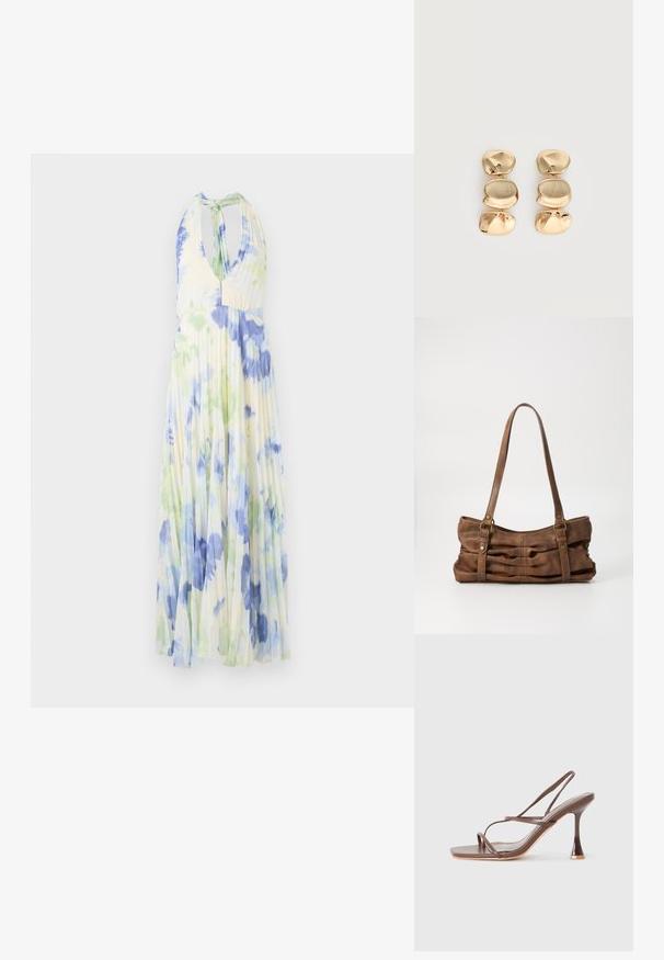 Plisseret halterneck kjole med et blomsterprint i blå og grønne nuancer på et let, lysegult stof.; Brune stroppede højhælede sandaler med firkantet tå, slanke remme, en blank finish og en distinkt buet hæl.; Even&Odd by Zalando Håndtasker - brown; Øreringe i guldfarve med dråbeform og tre uregelmæssige, glatte, afrundede segmenter stablet lodret på en enkelt lys baggrund.