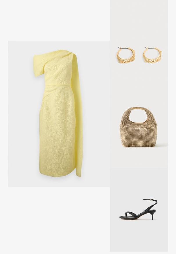 Pale yellow textured one-shoulder dress with draped fabric extending from shoulder to calf-length hem.; Black leather women's sandal with thin straps, a toe loop, ankle buckle, and a mid-height stiletto heel on a neutral background.; Small gold-tone handbag covered in shiny round studs with a short handle and rectangular cutout at the top.; Pair of gold-tone hoop earrings with ornate floral and leaf embossing on a neutral background.