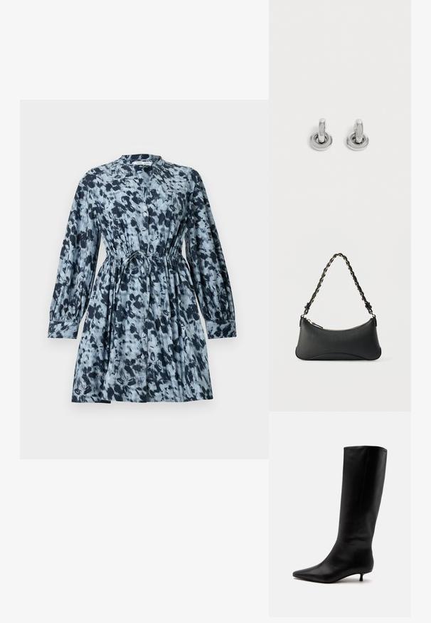 Robe à manches courtes avec un motif abstrait bleu et noir, dotée d'un boutonnage sur le devant, d'une taille cintrée et d'une coupe décontractée. Le tissu semble léger.; Botte noire en cuir jusqu'au genou avec bout pointu et petit talon kitten sur un fond clair uni.; Sac à bandoulière en cuir noir de forme rectangulaire incurvée, avec une chaîne dorée tissée dans la bandoulière noire tressée et une fermeture éclair sur le dessus.; Paire de petites boucles d'oreilles créoles argentées brillantes avec une base ronde, présentées sur un fond clair uni.