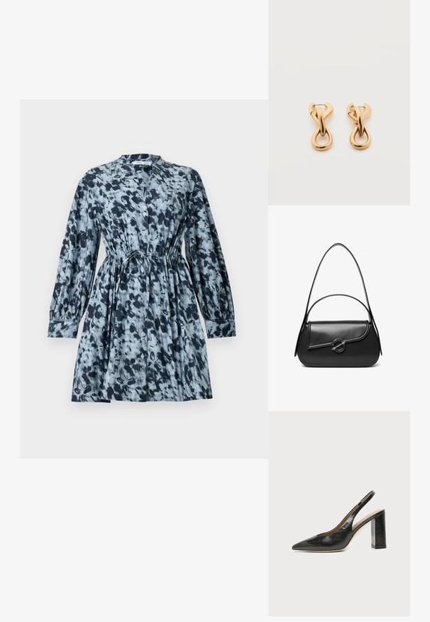 Robe à manches courtes avec un motif abstrait bleu et noir, dotée d'un boutonnage sur le devant, d'une taille cintrée et d'une coupe décontractée. Le tissu semble léger.; Chaussure slingback en cuir noir à bout pointu avec un talon bloc haut et une doublure intérieure beige sur un fond clair uni.; Sac à bandoulière en cuir noir avec un rabat incurvé fermé par un fermoir métallique rond et une sangle fine et ajustable.; Paire de boucles d'oreilles créoles en bouclettes dorées brillantes sur fond blanc uni, présentant un design torsadé entrelacé.