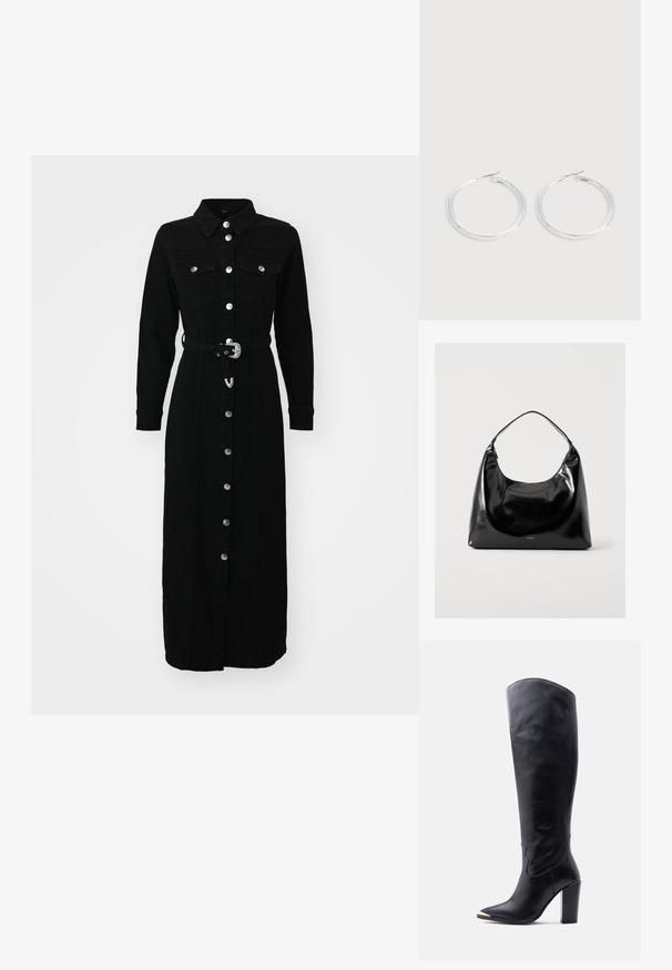 ONLY ONLMYTH LIFE BELT DRESS - Τζιν φόρεμα - washed black; Μαύρο δερμάτινο μποτάκι μέχρι το γόνατο με μυτερή μύτη, χρυσή μεταλλική άκρη και ψηλό τετράγωνο τακούνι σε λευκό φόντο.; Μαύρη γυαλιστερή τσάντα ώμου με έναν ιμάντα και μικρό λογότυπο "RAID" στο κάτω κέντρο σε απλό ανοιχτό φόντο.; Ζεύγος λαμπερών ασημένιων κρίκων με λεπτές σύρμα σφραγίδες, παρουσιασμένα σε ανοιχτό γκρι φόντο.