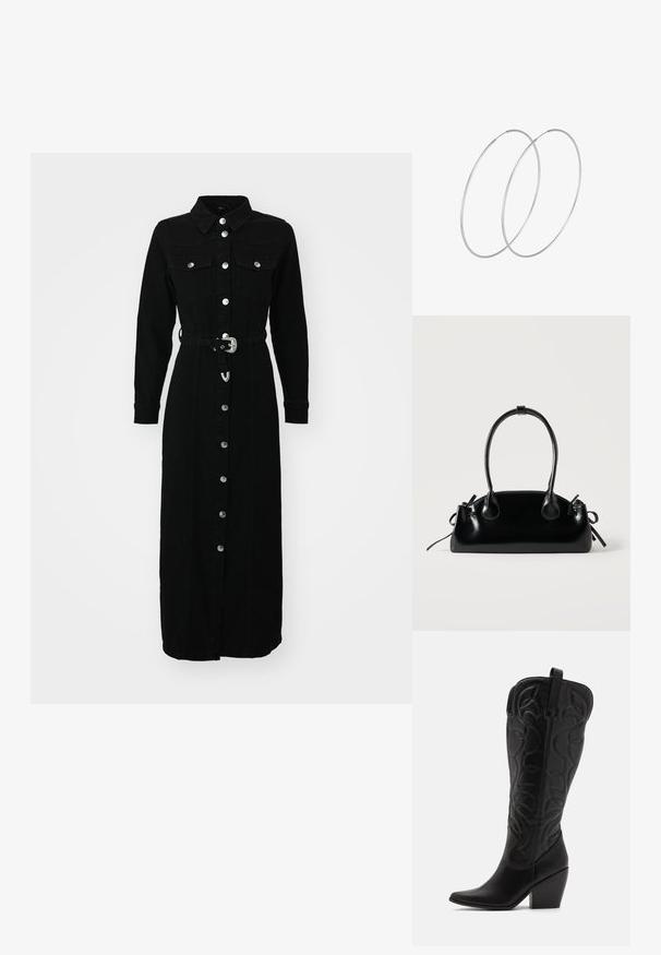 ONLY ONLMYTH LIFE BELT DRESS - Robe en jean - washed black; Bottes hautes en cuir noir jusqu'aux genoux avec bout pointu et talon empilé. Caractéristiques de coutures décoratives et éléments de design courbés.; Petit sac à main noir brillant avec deux longues anses et des détails à cordon sur les côtés sur un fond clair uni.; Boucles d'oreilles en argent au design minimaliste. Forme circulaire, texture lisse et profil fin. Légères avec une finition polie.