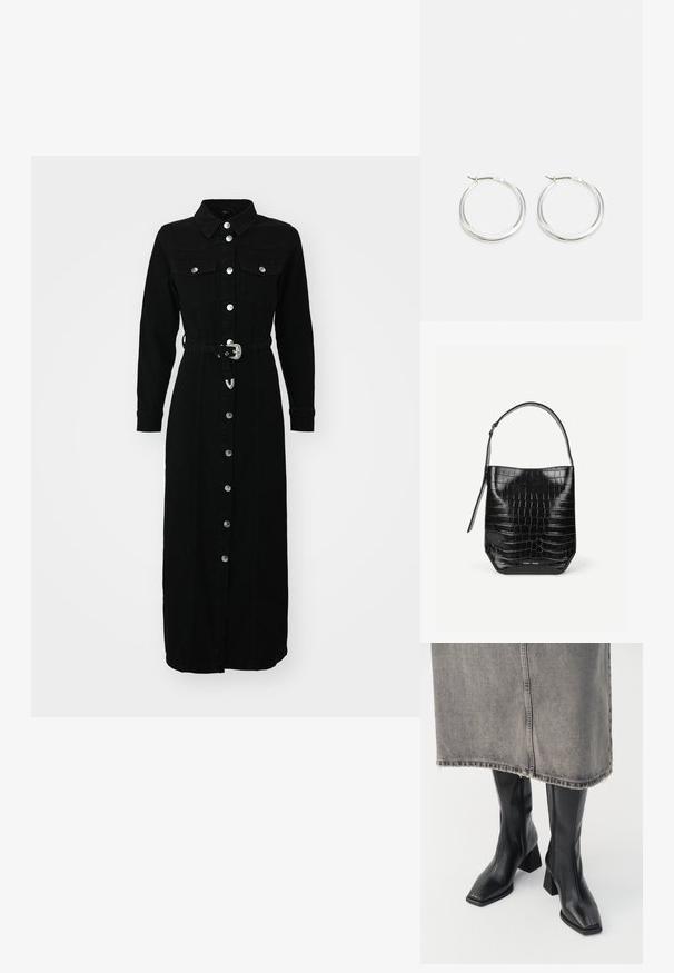 ONLY ONLMYTH LIFE BELT DRESS - Robe en jean - washed black; Bottes noires montantes en cuir lisse avec un bout carré et un talon bloc. Portées avec une jupe en denim grise à l'ourlet effiloché.; Sac seau en cuir embossé noir façon croco avec une seule bandoulière et un petit logo argenté de la marque au centre en bas à l'avant.; Les boucles d'oreilles en argent en forme de créole présentent un design lisse et arrondi avec un profil fin et un fermoir sécurisé. Style minimaliste avec une finition polie.