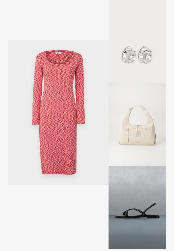 Robe rouge à manches longues avec un décolleté arrondi, présentant un motif texturé mêlant des nuances de rouge clair et foncé sur un fond uni.; Sandale plate noire à lanières avec boucles dorées flottant au-dessus d'un sol en carrelage en bois à l'extérieur, près d'un mur et de la verdure.; Sac en cuir beige avec une bandoulière courbée, comprenant une poche zippée à l'avant et des accents dorés discrets. Texture lisse et design minimaliste.; Boucles d'oreilles en forme abstraite argentées avec une finition poli, présentant des courbes lisses et des contours subtils. Pas de motifs ou d'accents visibles.