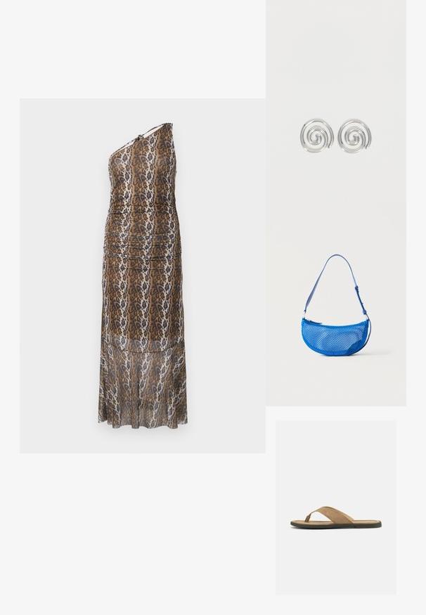 Én skulder, gulvlængde kjole med brun, sort og hvid dyreprint og et let rucheret design på en hvid baggrund.; Brun ruskinds g-streng sandal med polstret fodseng og flad sort sål, vist i profil mod en hvid baggrund.; Blå net skuldertaske med justerbar rem og lynlåslukning, vist mod en ensfarvet hvid baggrund.; Par sølvspiral øreringe med glat, afrundet design på en ensartet hvid baggrund.
