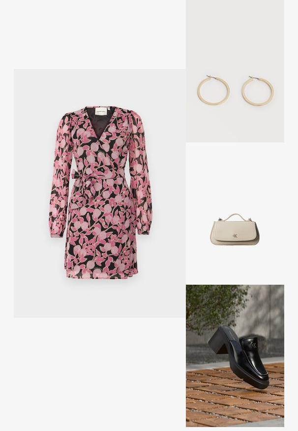 Blumenwickelkleid aus schwarzem Stoff mit pinkem Blatt- und Blumenmuster. Merkmale sind lange Puffärmel und ein Taillengürtel. V-Ausschnitt.; Schwarze Leder-Slip-on-Mule von Calvin Klein mit Blockabsatz, die auf Holzfliesen im Freien nahe einer grünen Pflanze und einer grauen Wand ruht.; Kleine beigefarbene Lederhandtasche mit oberem Griff und silbernem CK-Logo auf der Frontklappe, vor weißem Hintergrund dargestellt.; Paar mittelgroße, glatte Creolen in Goldton mit Scharnier-Verschlüssen auf einem einfarbigen hellen Hintergrund.