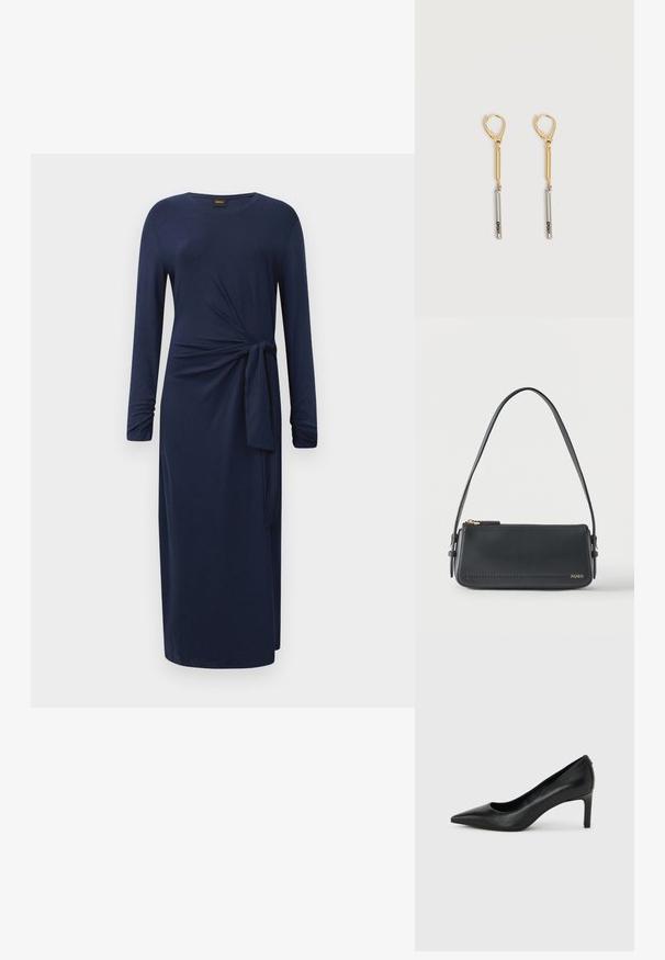 Langärmliges, marineblaues Midikleid mit Rundhalsausschnitt, seitlichem Knoten-Detail und geradem Schnitt vor einem weißen Hintergrund.; Schwarzer, spitz zulaufender High-Heel-Pumps aus Leder mit einem schlanken, mittelhohen Absatz auf einem schlichten hellgrauen Hintergrund.; Schwarze rechteckige Lederschultertasche mit goldenem Reißverschluss und kleinem goldenem "HUGO"-Logo auf der Vorderseite, mit verstellbarem Riemen und Schnalle.; Gold- und Silber-Tropfenohrringe mit Klappverschluss, bestehend aus einer Goldstange, die mit einer Silberstange verbunden ist, auf der "DKNY" eingraviert ist, vor weißem Hintergrund.