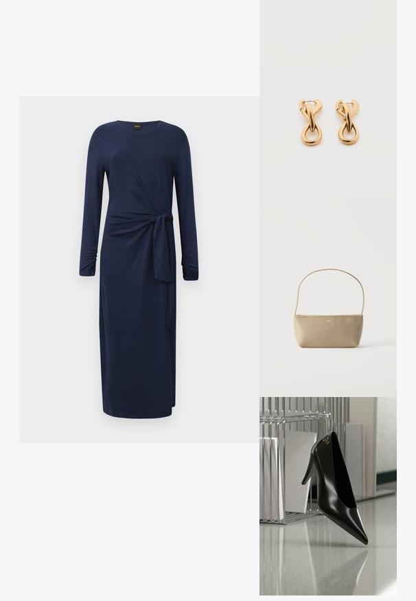 Vestido midi de manga larga azul marino con cuello redondo, detalle de nudo lateral y una silueta recta sobre un fondo blanco.; Zapato de tacón alto negro con punta afilada y logo dorado, colocado sobre una superficie reflectante cerca de un organizador de archivos de alambre cromado con documentos.; Bolso tejido beige con correa delgada para el hombro y pequeño logo dorado "BOSS" en el frente, presentado sobre un fondo blanco liso.; Par de pendientes de aro con acabado dorado brillante sobre fondo blanco liso, con diseño entrelazado y torsionado.