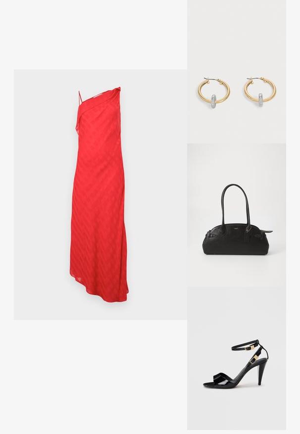 Robe rouge à une épaule, en tissu lisse avec un motif à carreaux diagonal, longueur maxi avec une silhouette fluide et des bretelles fines.; Sandale à talon haut en cuir verni noir avec double bride de cheville et boucles dorées, bout ouvert, et talon effilé sur fond neutre.; Sac à main en cuir noir de forme arrondie, avec deux longues poignées, des éléments en métal doré et une petite étiquette accrochée. Fermeture zippée sur le dessus.; Paire de boucles d'oreilles créoles dorées avec un petit détail boucle ton argent sur chaque, exposées sur fond gris clair.